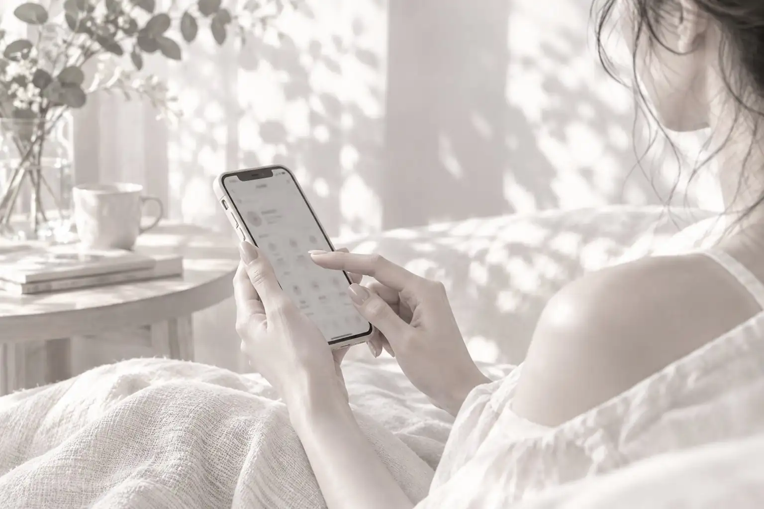 スマートフォンでLINEのメニューを開いている手元（画面の文字は写さない）（イメージ）