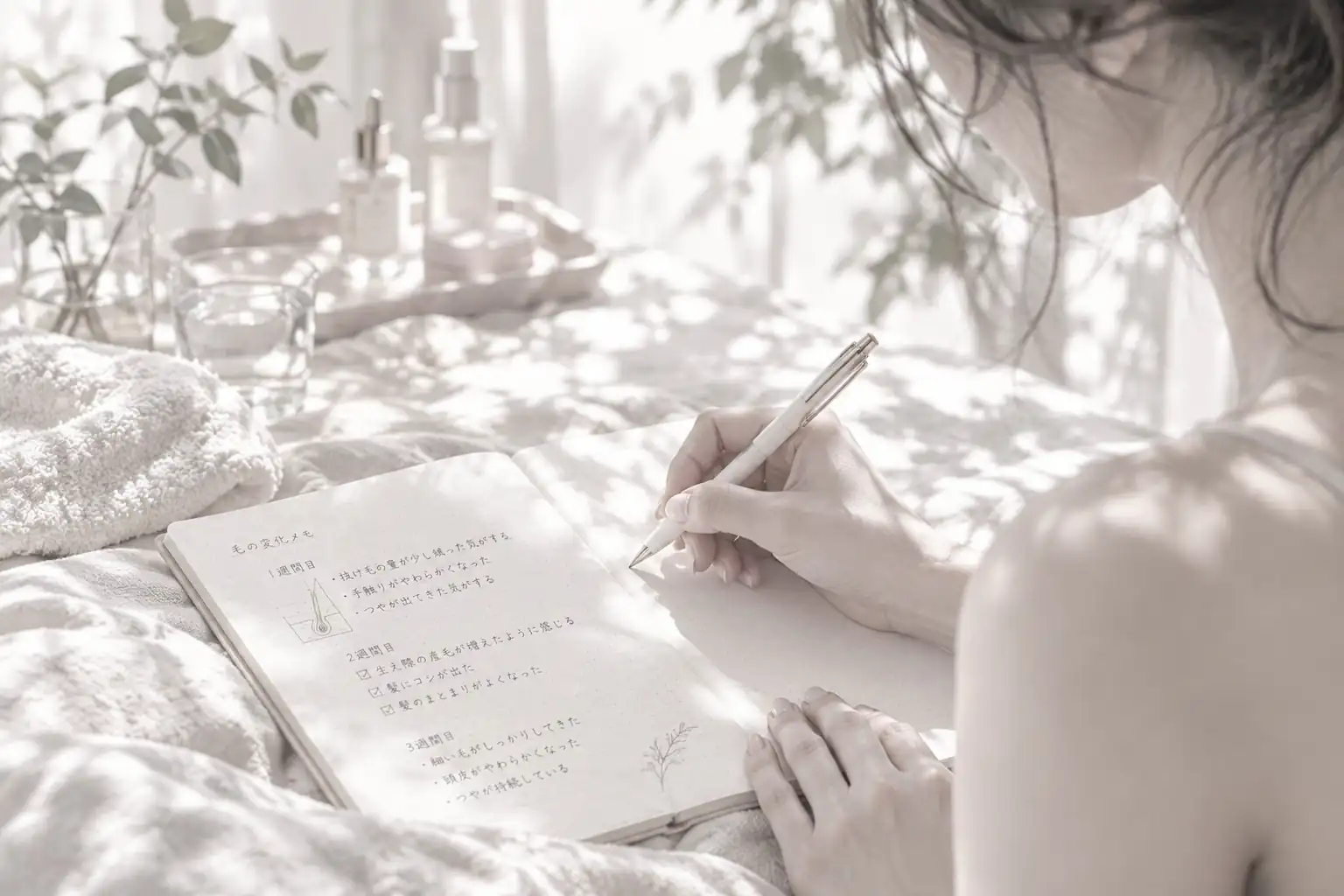 ノートに毛の変化を書き留めているペンと手元（イメージ）