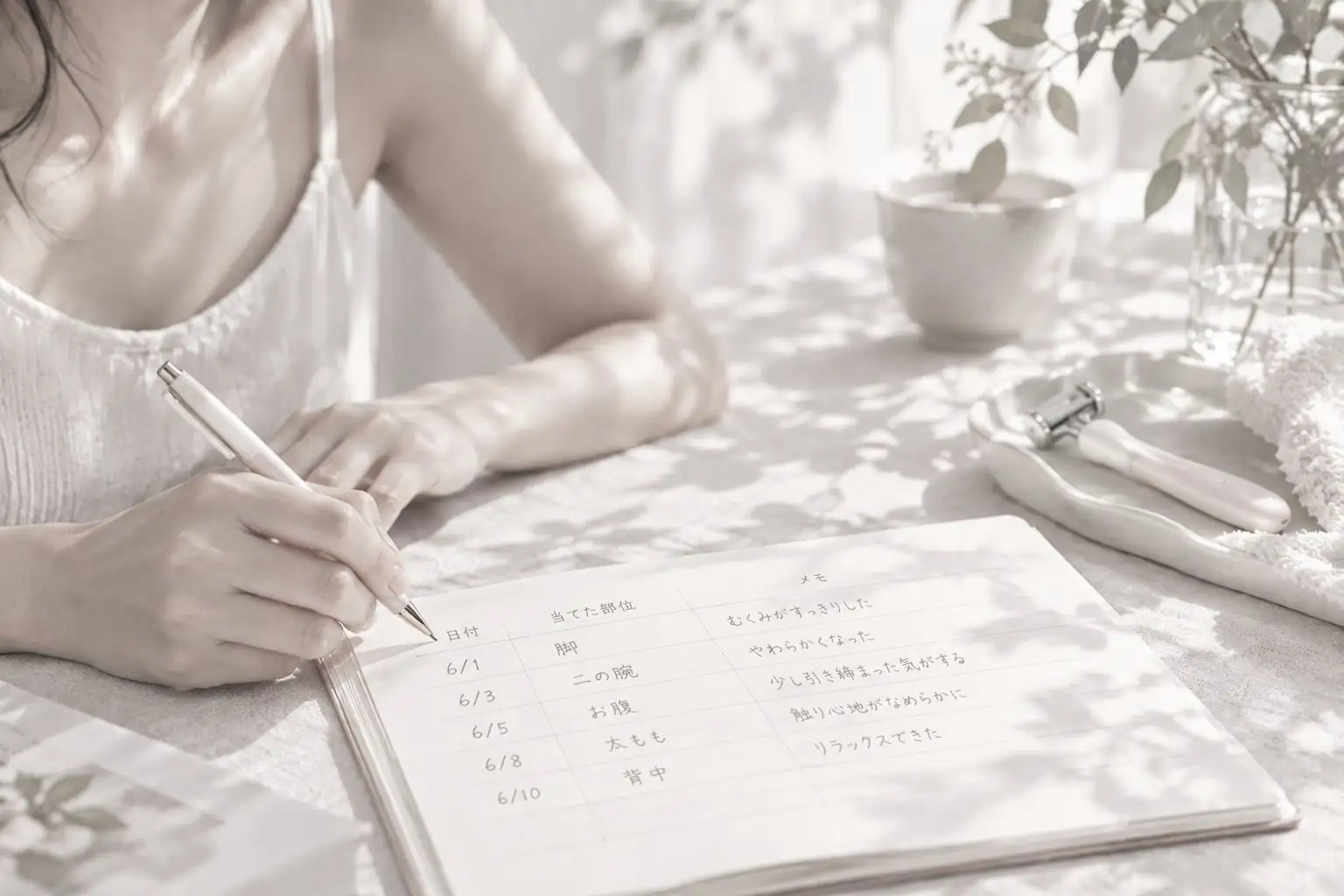 当てた部位と日付を書き込んだシンプルな記録表の図（イメージ）