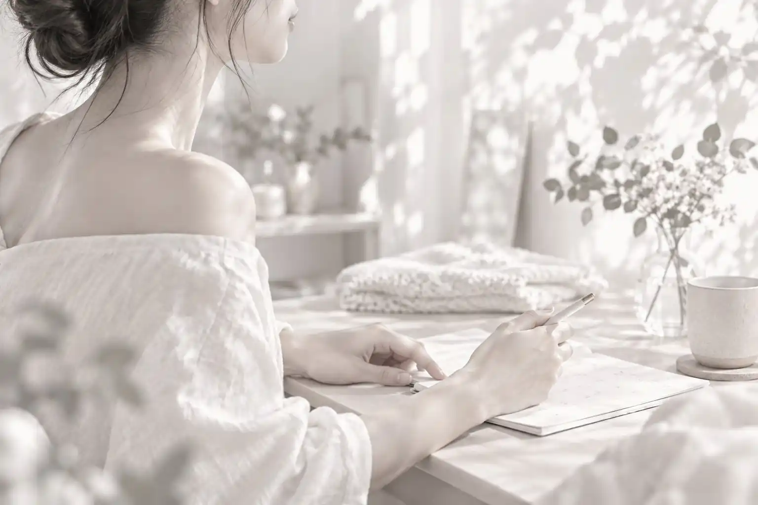 机でノートに書き込む女性（イメージ）