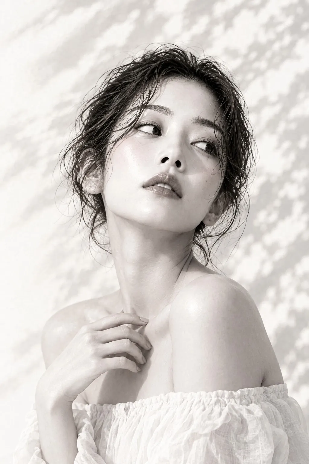 白い肩を見せて横を向く女性の白黒の写真(イメージ)